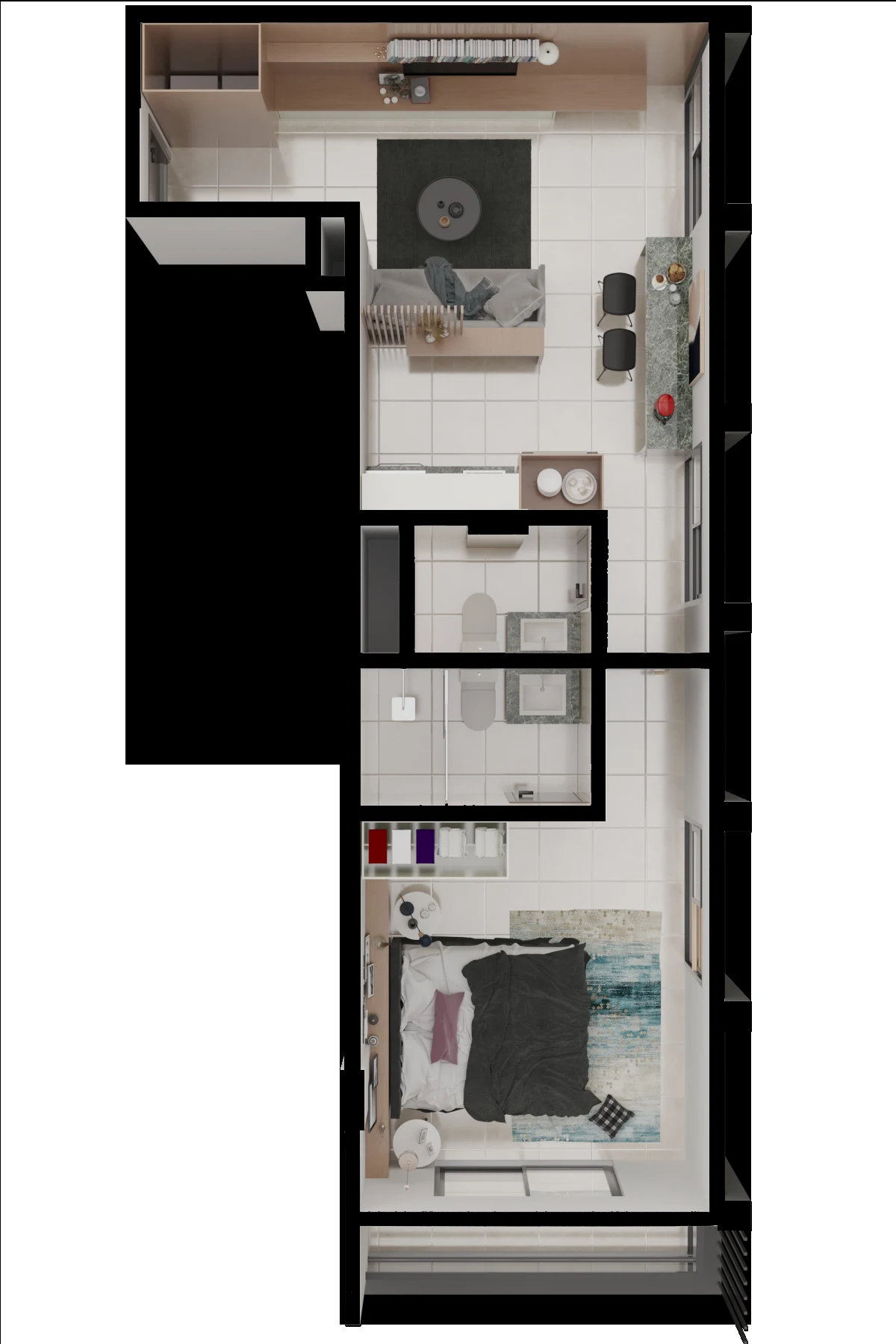 Distribución real de un departamento de 1 dormitorio en RISE 2