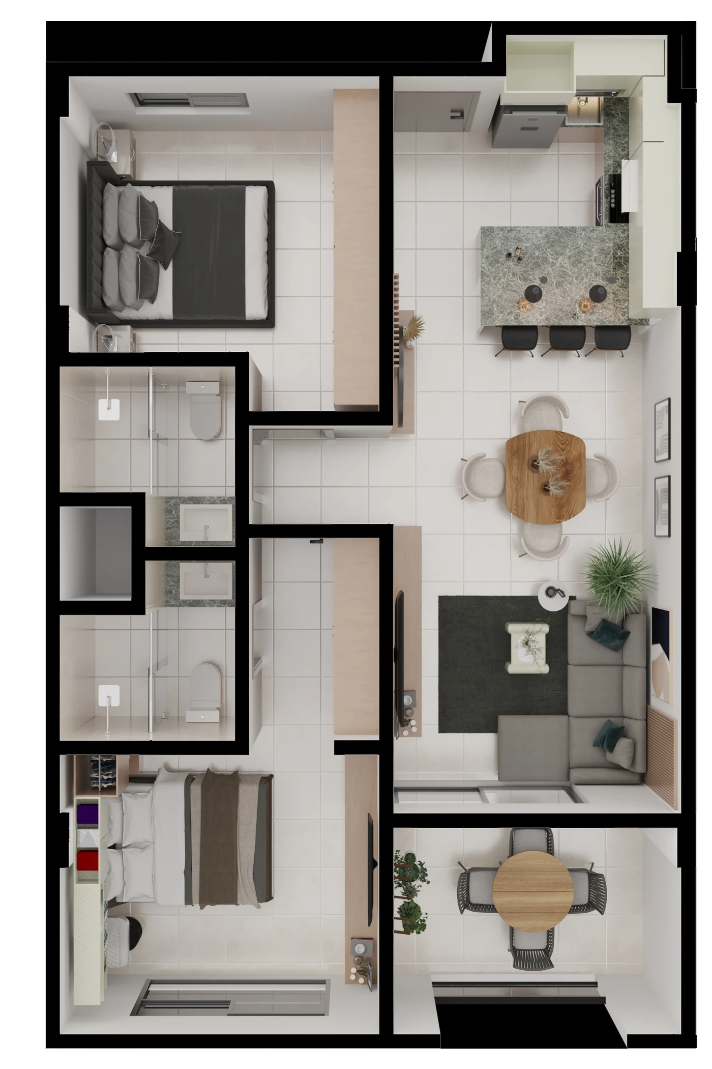 Distribución real de un departamento de 2 dormitorios en RISE 2